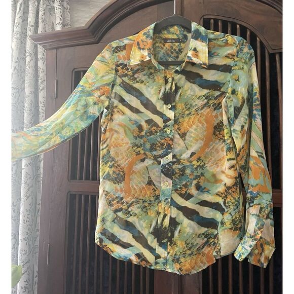 Pure Amici 100 % Silk Button Down Blouse Size S Multicolor Abstract Print - Picture 1 of 9